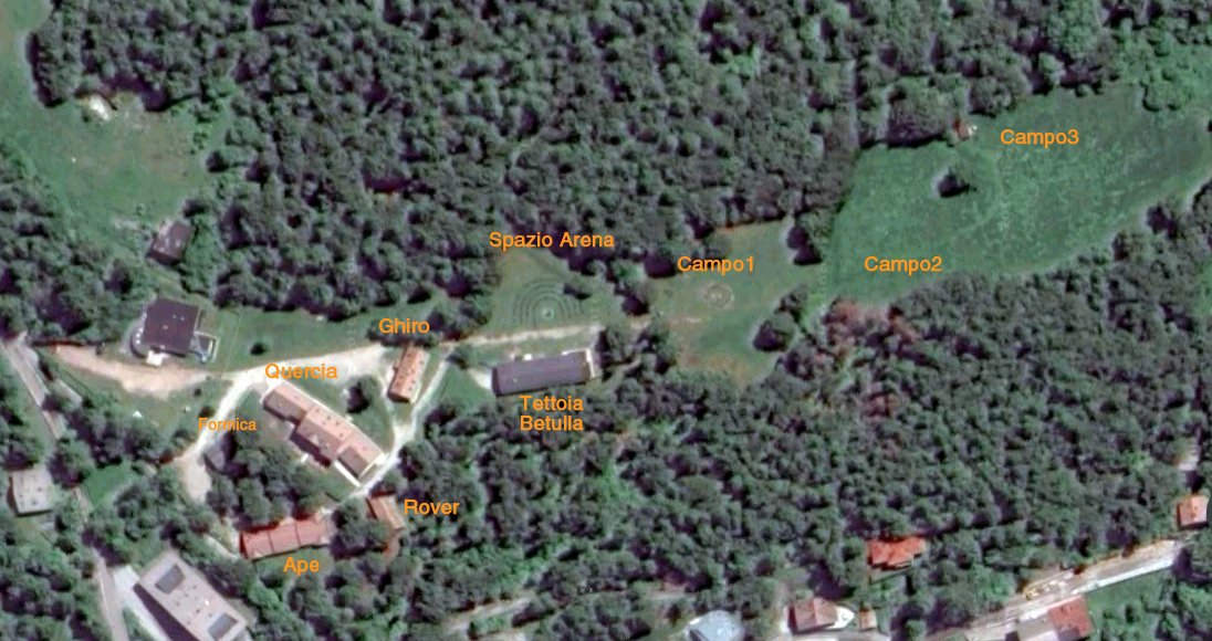 Mappa aerea del Campo Giovani 2000 con la posizione delle case e degli spazi comuni